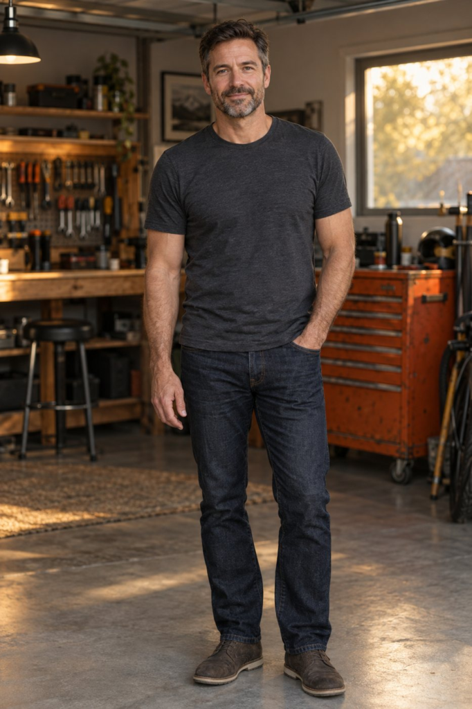 Man in a well-fitted charcoal t-shirt in a home garage
