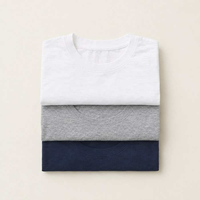Three folded budget crew-neck t-shirts